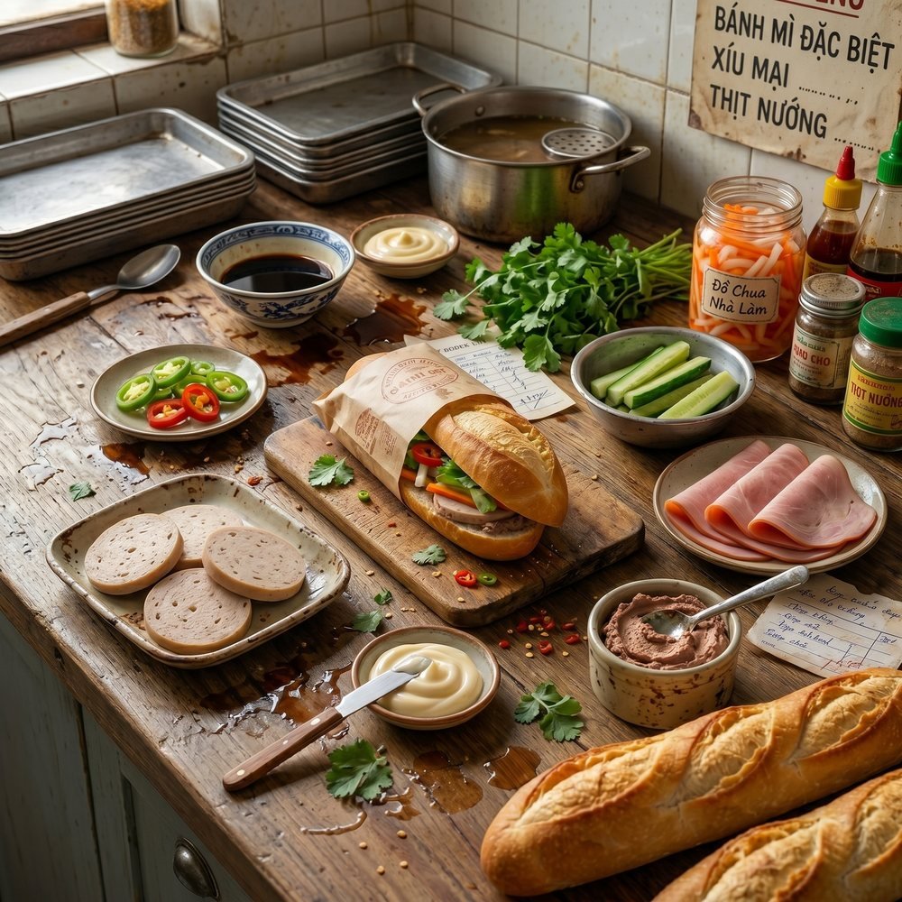 Bánh mì ingredients laid out — baguette, pâté, meats, pickled vegetables, herbs and chilies
