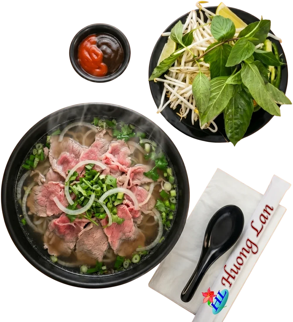 A spread of phở at Huong Lan